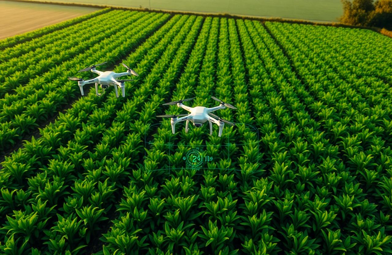 Drones sobrevolando un cultivo verde en Colombia para agricultura de precisión